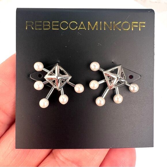 Rebecca Minkoff, rhodium faux pearl pyramid fan stud and jacket earrings NWT - Picture 3 of 4